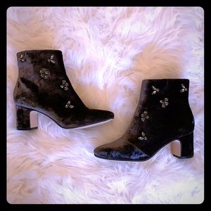 Gray Rhinestoned Block Heeled Bootie